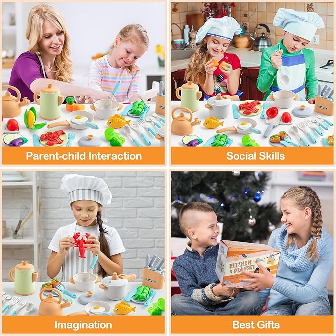 42Pcs Play Kitchen Accessories, Pretend Play Kids Kitchen Playset Toys with Cookware Pots and Pans, Cooking Utensils, Play Food Sets, Preschool Learning Education Toys Gift for Toddlers Girls Boys