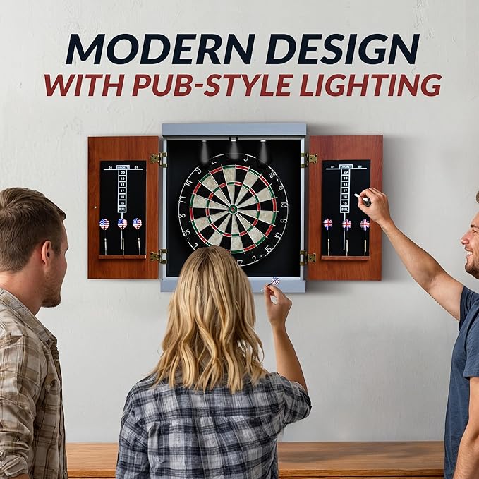 Hathaway Geneva Dartboard and Cabinet Set - Includes 18-in Dartboard, Steel-Tip Darts, Chalk Scoreboards - Perfect for Family Game Rooms, Basements, Home Bars, Wood Grain/Black/Gray
