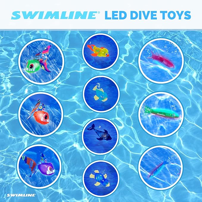 Swimline Original 4-Pack Diving Toys LED Light-Up Glowing Sea Animal Fun Pals Catch The Fish Retrieval Game for Swimming Pool & Bath Tub for Kids Multi Color Flashing Underwater Dive Practice Learn