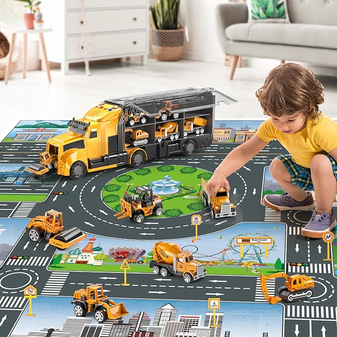 Construction Trucks Toy Set with Play Mat, Carrier Truck Play Vehicles Set for 3 4 5 6 Years Old Boys Kids, Die-Cast Car Toy for Toddlers 3-4 Years, Birthday Gifts Toys for 3-9 Year Old Boys