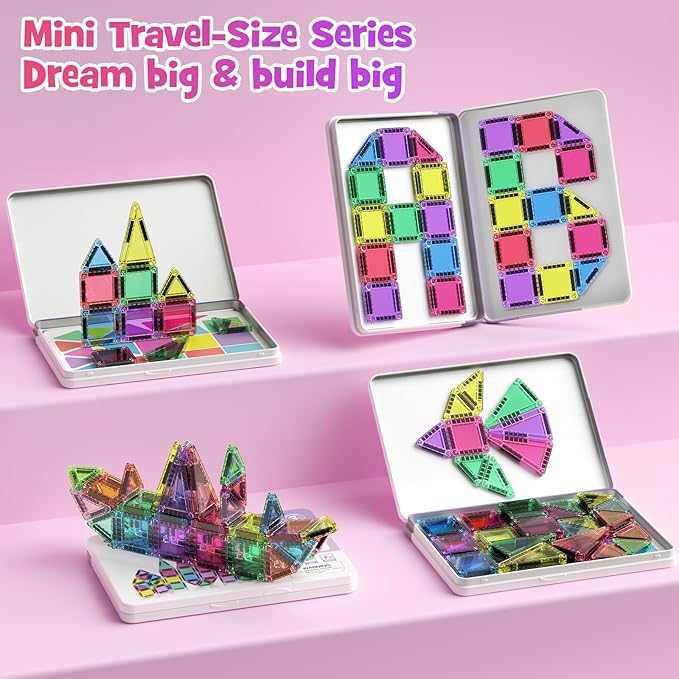 Mini Magnetic Tiles with Iron Box, 40PCS Travel Size Magnet Building Blocks Toy Set, Protable Construction Block Sensory Toys Preschool Toddler Boy Girls Age 3+ STEM Educational Learning Kit