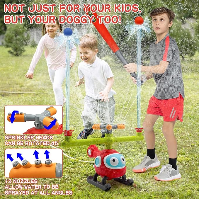 4 in 1 Water Sprinklers T Ball Set for Kids and Toddlers, Baseball Sprinkler for Backyard Helicopter Toy Outdoor Game, Attaches to Garden Hose Summer Yard Pool Water Toy