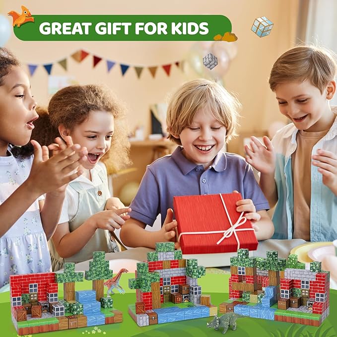 Magnetic Blocks 110PCS with 6 Dinosaur Toys, Building Blocks Set, Toys for Boys & Girls Age 4-6,6-8, Stacking Building for Toddlers Kids 3+(Jungle & Dinosaur)