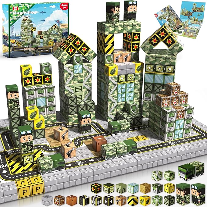 Magnetic Blocks-100PCS Military Building Blocks Set, Kids Classroom Sensory Toy for Toddlers STEM Learning, Construction Stacking Toy for Kids 3+ Boys and Girls Christmas Birthday Gifts Toys