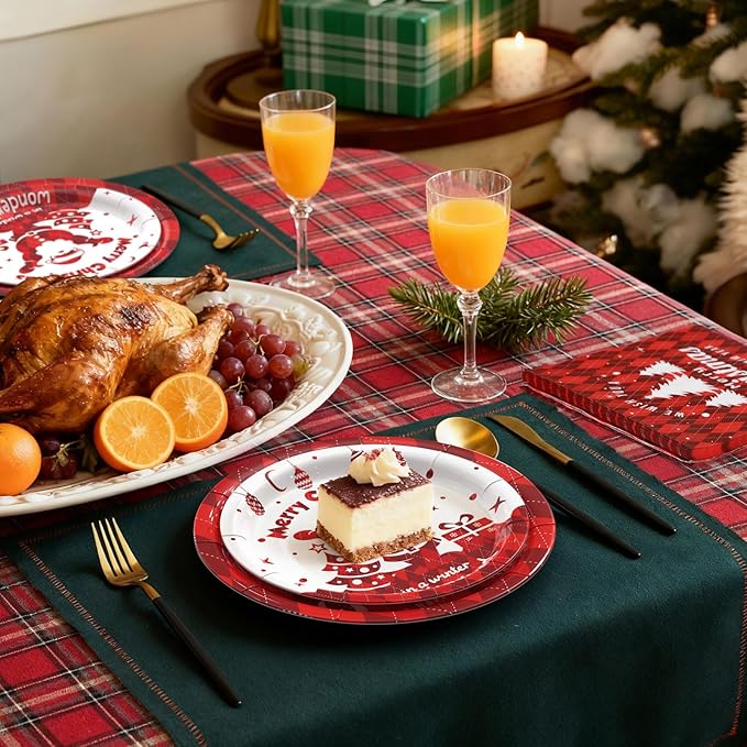 Gezond 200 Pcs Christmas Paper Plates and Napkins, Christmas Tree Red Plaid Disposable Plates, Incloud Dinner Plate Dessert Plate and Napkins for Holiday Party Supplies Serve 50