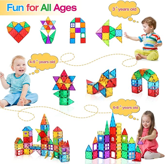 Magnetic Tiles for Kids Ages 3-5 4-8 STEM Educational Gifts Toys for 3 4 5 6 7+ Year Old Boys Girls Magnet Building Blocks Beginner Set Sensory Toddler Toys for Age 3-4 Christmas Birthday