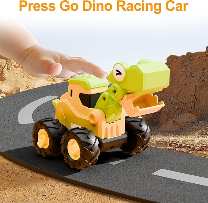 iPlay, iLearn Dinosaur Truck Toys for Toddlers, Boys Dino Press Go Racing Cars, Kids Construction Sandbox Vehicles Playset, Baby Push Go Friction Car Set, Birthday Gift for 18 Months 2 3 4 5 Years Old