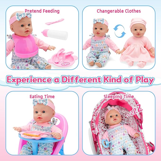 deAO Baby Doll Stroller Set High Chair Travel Diaper Bag with 12 inch Baby Doll Accessories Pretend Play Toys with Foldable Stroller 2 Sets Doll Clothes Birthday Gift for Girls Boys Toddler Kids