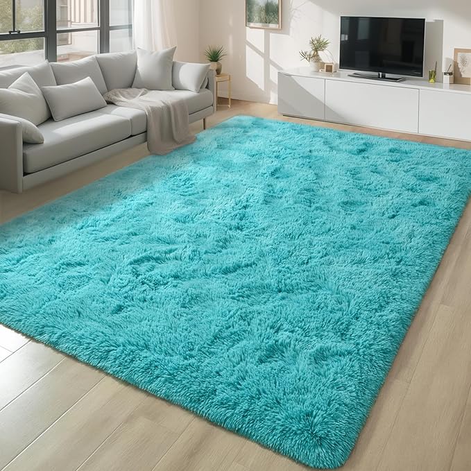Ompaa Teal Blue 9x12 Area Rugs Large Fluffy Living Room Carpet for Bedroom Dorm, Non-Slip High Pile, Modern Big Shag Rug for Classroom Kids Playroom Nursery Home Office Decor