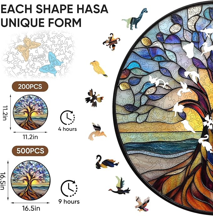 Wooden Puzzle for Adults - 3D Tree of Life Wooden Jigsaw Puzzles 500 Piece, Unique Shaped Challenging Puzzles, Exquisite Packaging, Best Gift Toys for Family Friends 16.5x16.5 in