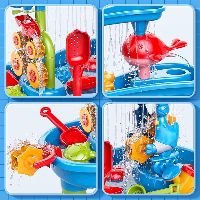 3-Tier Water Table for Kids Ages 3-5 4-8, Toddlers Outdoor Summer Water Table Beach Toys, Kids Activity Sensory Table Toddler Sand Box Play Table with Rain Showers Splash Pond for Boys Girls
