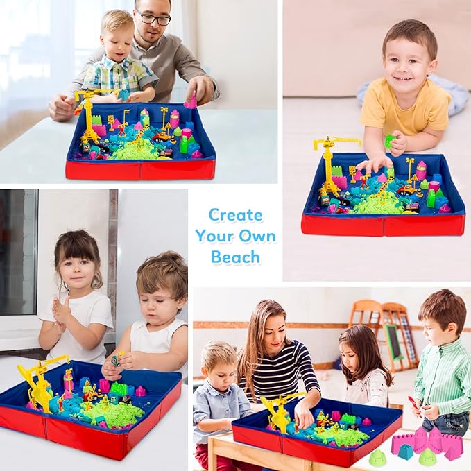 ThinkMax Sand Kit for Kids - 3lbs Sand, 6 Mini Construction Trucks, Toys, Signs, Castle Molds, Tools, Foldable Box and Storage Bin Tote - 43PCS Set for Boys Girls