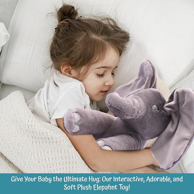 Dimple Emery Peek‑a‑Boo Elephant Plush Toy – Animated Grey Singing Stuffed Elephant for Babies & Kids with Interactive Music & Volume Control Perfect for Toddlers Ages 0 and up