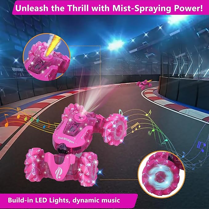 Pink Remote Control Car for Girls, RC Gesture Control Stunt Car with Light & Music,4WD 360° Spins All Terrains Kids Toys rc Cars, 6-12 Girls Birthday Gift, Best Gift for Girls 4-11