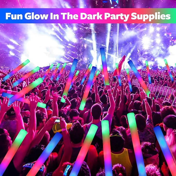 200 PCS LED Foam Glow Sticks Bulk, Glow in the Dark Party Supplies with 3 Modes Colorful Flashing, Neon Party Favors for Birthday, Wedding, Carnival, Concert, New Year