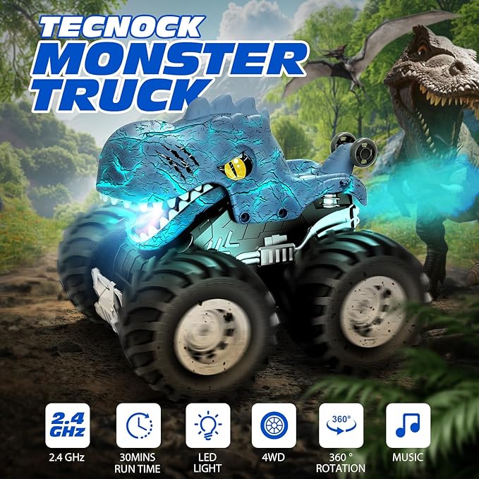 Tecnock Remote Control Monster Trucks Car, 360° Rotating RC Cars for Boys, 2.4GHz Dinosaur Toys with Spray, Light & Sound, Toys for Kids 6 7 8 Year Olds, Gift for Boys and Girls