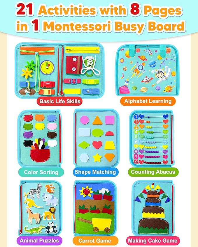 Exorany Busy Board Montessori Toys for Toddler Boy Girl Birthday Gifts, Busy Book Sensory Learning Toys for Toddlers, Toddler Airplane Car Travel Toy Educational Activities