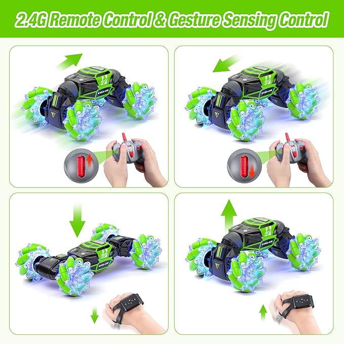 Powerextra LED Gesture Rc Car, 4WD Transform Remote Control Gesture Sensing Car, Double Sided 360° Rotating Off Road Stunt Car with Lights, Toy Car for 6-12 Year Old Boys & Girls