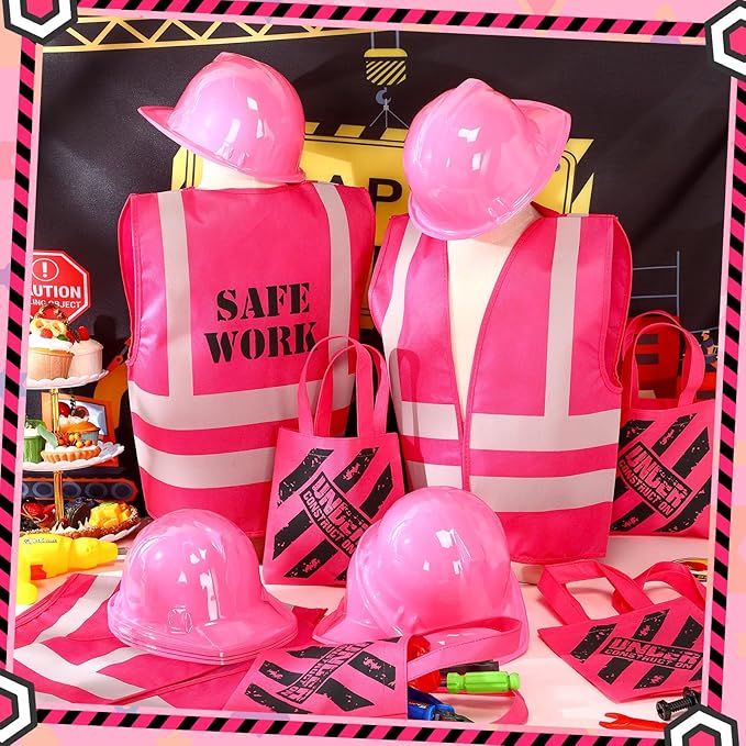 Geyoga 36 Pcs Kids Construction Worker Costume Construction Dress up Party Favors Vests Hats Bag for Birthday Age 3-8