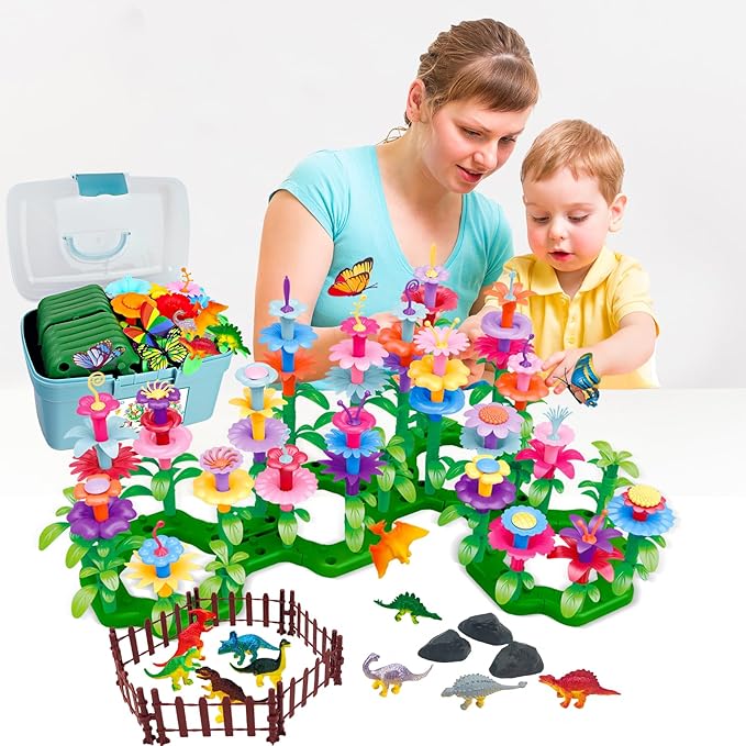 Birthday Toys Gifts for Toddlers Boys Girls Age 2 3 4 5 6,167 PCS Dinosaur Flower Garden Building Blocks,STEM Fine Motor Skill Stacking Games, Birthday Gifts for Preschool Kids 2+ Years Old