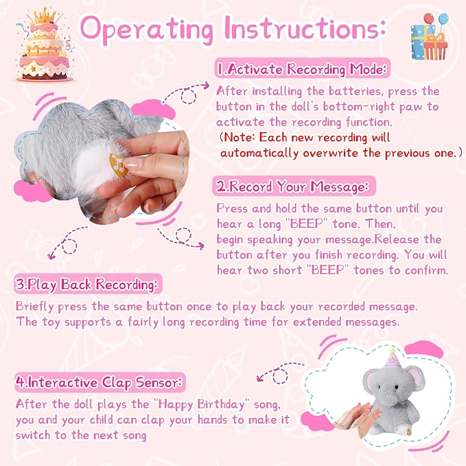 Birthday Elephant Plush Toy Clap Activated with Voice Recording Singing Dancing Interactive Stuffed Animal Gift for Toddler Kids Boys Girls