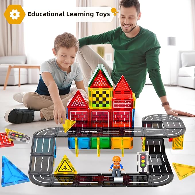 Magnetic Tiles Road Set - City Construction Building Toys, Magnetic Blocks with Extendable Crane and Car,Kids Toys for Boys & Girls Ages 3+, Creative Kids Games Gifts