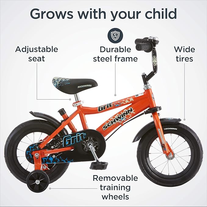 Schwinn Grit and Petunia Push Steer and Ride Kids Bike, For Boys & Girls Ages 2-4 Year Old, Rider Height 28-38 Inch,12-Inch Wheels, Training Wheels, Detachable Push Handle with Water Bottle & Holder