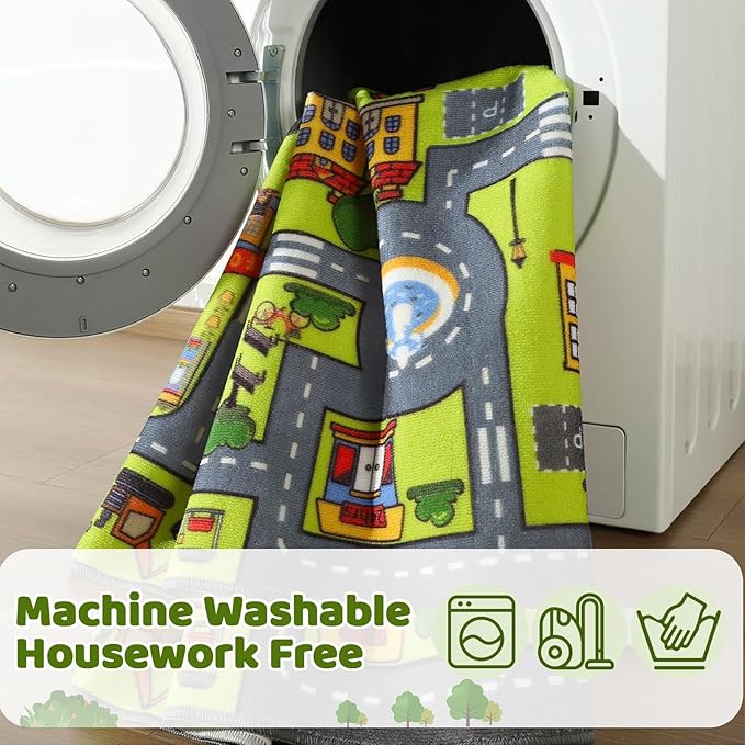 Merelax 5x8 Kids Car Rug Grey Green Area Rugs for Living Room Playroom Classroom Bedroom, Large Non Slip Kids Play mat Washable Rug, Educational City Traffic Road Map Fun Car Carpet for Ages 3-12