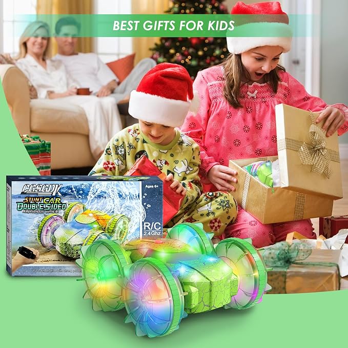 Amphibious RC Car with Lights for Kids 6-12 Year Old,2.4 GHz Remote Control Boat RC Monster Truck 4WD Vehicle Gifts,Waterproof Hand Controlled Boat 360° Rotating Water Beach Pool Toys for Boys Girls