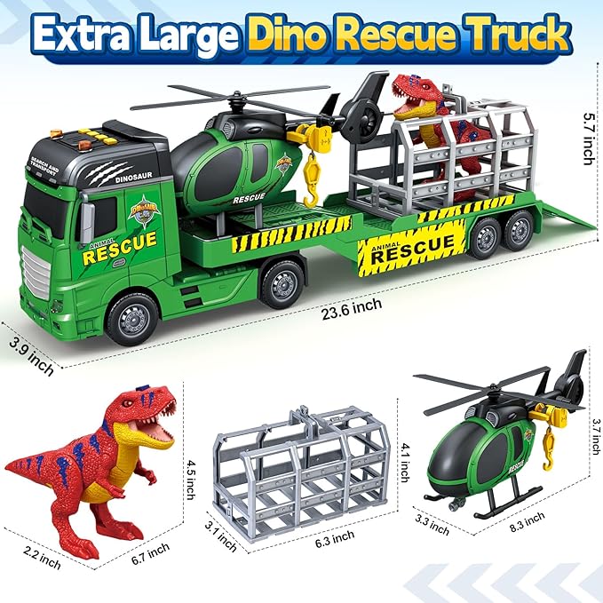 Toddler Boy Toys for 3 4 5 6 7 Years Kids, 23" Semi Flatbed Truck Toy with a Dinosaure Truck, Friction Powered Vehicles Toys with Lights and Sounds, Birthday for Boy Girls