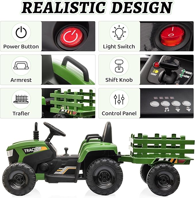 TOBBI Kids Electric Ride On Toy Tractor, 12v Battery-Powered 4 Wheels Ride On Car with Trailer, 35W Dual Motors/3-Gear-Shift/LED Lights/USB Audio Functions for Toddlers 3-6 Years-Dark Green