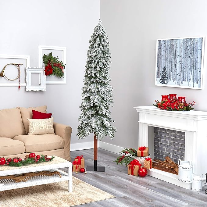 Nearly Natural 8ft. Flocked Grand Alpine Artificial Christmas Tree with 500 Clear Lights and 1051 Bendable Branches on Natural Trunk