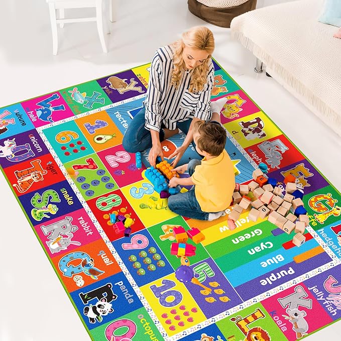 ABC Carpet, Kids Rugs for Playroom, Educational Play Mat for Kids, Preschool Rugs with ABC, Numbers, Animals Learning Rugs for Bedroom Playroom Classroom Baby Toddler Children (Blue, 78.7X59 INCH)