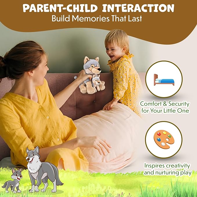 Mom and Baby Stuffed Animals for Boys & Girls, Safari Baby Shower Decorations, Nursery Decor, Zoo Animals for Toddlers, Quality Realistic Toys for Kids, Cute, Soft, Huggable, Squeezable (9.5" Wolf)