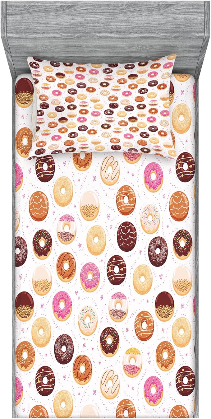 Ambesonne Food Fitted Sheet & Pillow Sham Set, Donuts and Little Hearts Pattern Colorful Yummy Delicious Desserts Print, Decorative Printed 2 Piece Bedding Decor Set, Twin, Pink Brown