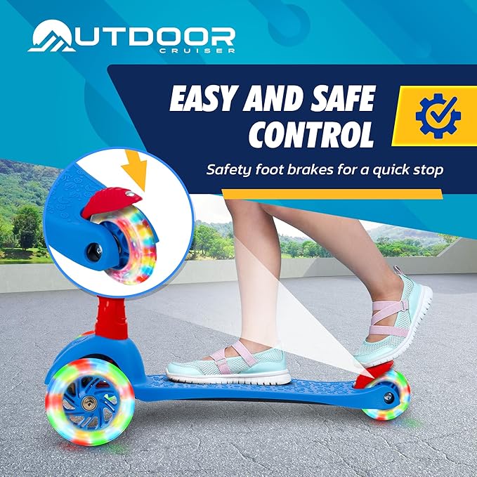 Outdoor Cruiser 3-Wheel Kids Scooter – with Lean-to-Steer Technology, Led Lighted Wheel, 4-Level Adjustable Height T-bar Handle, Support Kids Up to 150 Lbs, for Boys & Girls Ages 3-8, Blue and Red