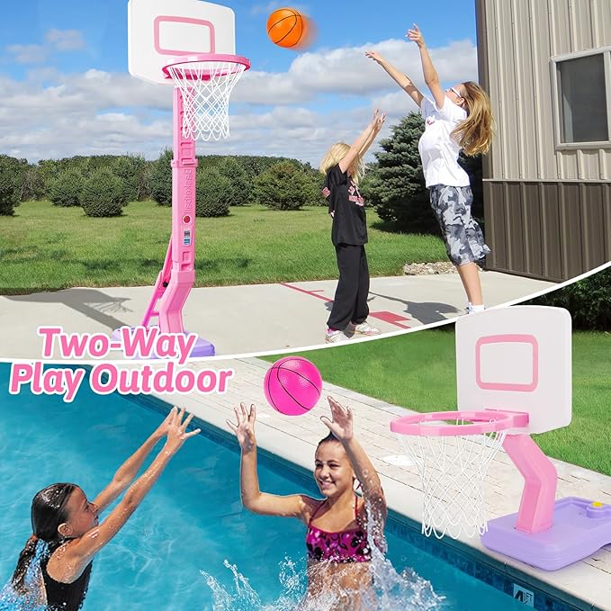 Toddler Pink Basketball Hoop Indoor Outdoor Backyard Poolside Basketball Hoop for Kids 1-3 4-8 Height Adjustable Girls Basketball Goal with Balls Toys for 1 2 3 4 Year Old Girl Birthday