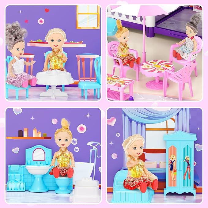 4 Stories Dollhouse for Girls, DIY Doll House Accessories Playhouse with Furniture and 11 Rooms, Pretend Play House with Lights for Kids, Portable Building Dolls Playset Toys Kit Gift for Ages 6+