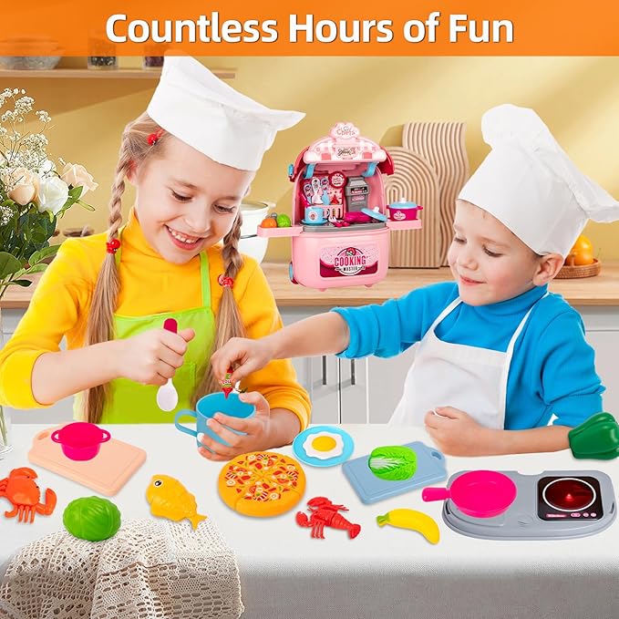 Awsoo Play Kitchen Set for Toddlers 3-5, Portable Play Kitchen with with Rolling Suitcase to Storage Plenty Toys Food, Interactive Pretend Play Toy Kitchen for Kids 3 4 5 6