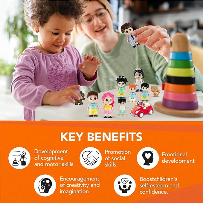 FUNERICA Dollhouse People Figures Playset - Dollhouse Family Little Play Figurines Doll House Accessories Toys -(Family Figures with Car, Pets, Doctor & Nurse)