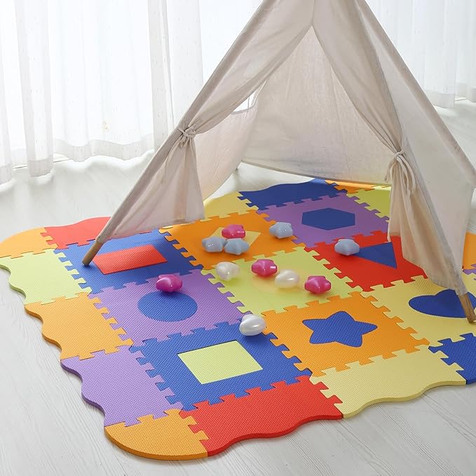 Foam Play Mat for Kids,25Pcs Square Interlocking Puzzle Floor Mat,Baby Play Mat Floor Mat Foam Puzzle Playmat for Toddlers with Fence(Shape-CSH028