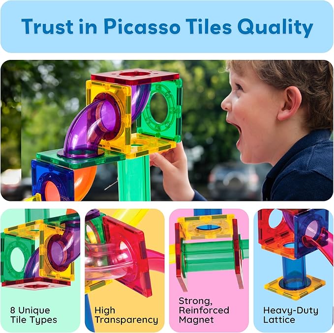 PicassoTiles Magnetic Marble Run Marbles for Kids Race Track Toy Set Marble Maze Sensory Toys for Toddlers STEM Educational Magnet Building Blocks Construction Building Tiles Boys Girls 3+