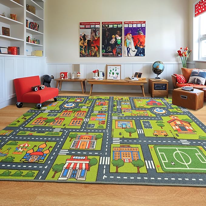 Merelax 5x8 Kids Car Rug Grey Green Area Rugs for Living Room Playroom Classroom Bedroom, Large Non Slip Kids Play mat Washable Rug, Educational City Traffic Road Map Fun Car Carpet for Ages 3-12