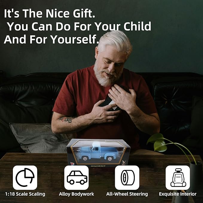 1953 Ford F-100 Pickup Truck 1/18 Scale Die-Cast Metal Model Alloy Collection Cars with Display Case, with Opening Doors, Best Gift for Men, Dad & Kids 14+ Years(Light Blue)