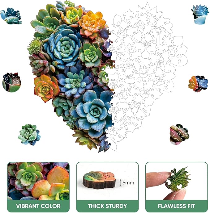 Heart Succulent Wooden Puzzles for Adults, 200 Piece Unique Shaped Wood Jigsaw Puzzles for Adults and Kids, Fun Challenging Puzzles Family Game Gift, Medium 11.7'' x 11.2''