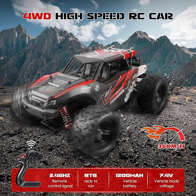 1:18 Scale RC Cars, 36 KM/H High Speed, 2.4 GHz Remote Control and 2 Rechargeable Batteries,4 Shock Absorbers, for Xmas (Red)