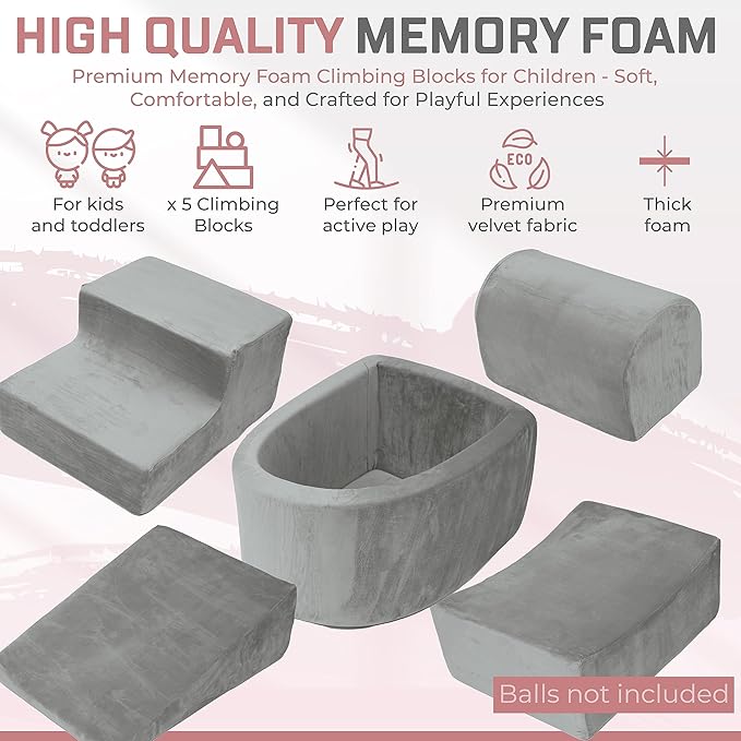 Foam Climbing Blocks for Toddlers 1-3 - Climb and Crawl Activity Playset - Indoor Activity Play Structure for Toddlers - Foam Soft Play Set for Babies - 5 PCS - Balls NOT Included - Gray