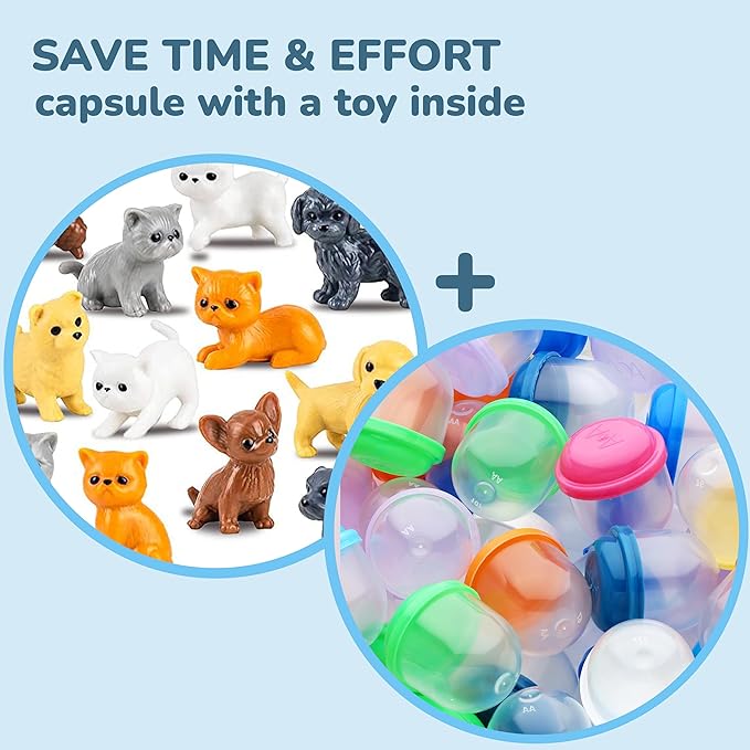Vending Machine Capsules with Toys - 100 Pcs of 1.1 Inch Tiny Frosty Clear-Colored Acorn Capsules and Cute Dog and Cat Figurines for Kids - Plastic Capsules for Toys Bulk- Easter Basket Stuffers