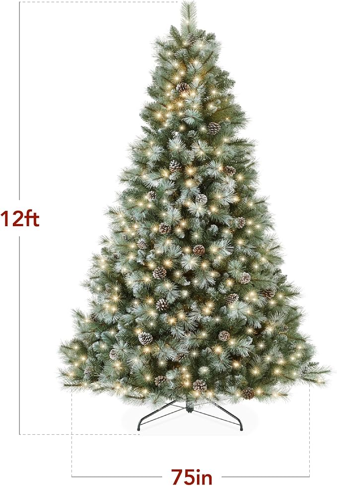 Best Choice Products Full Scotch Pine Christmas Tree, 12ft Pre-Lit Frosted Holiday Decor w/ 3,000 Twinkling Micro LED Lights, 2-in-1 White & Multicolor