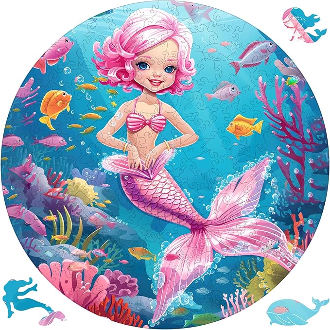 Wooden Puzzles for Adults, Mermaid Jigsaw Puzzles 500 Pieces, Unique Shape Puzzles with Wooden Box, 16.7 x 16.7 Inches Royal Size Family Game Gift, Fun Challenging Puzzles for Adults and Kids